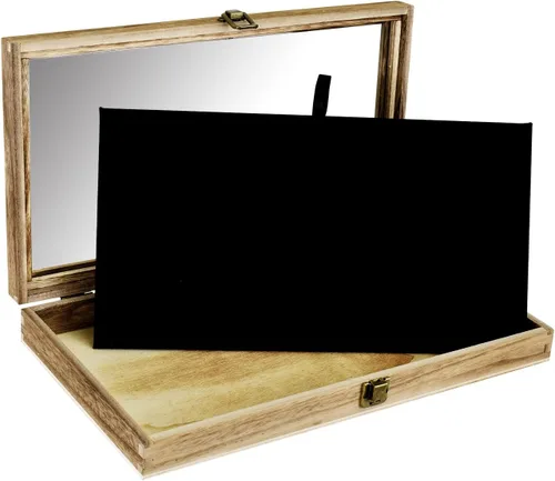 Vista 6 de Alhajerocaja para almacenar cuentas con tapa de vidrio templado y terciopelo negro. Caja de muestra de medallas, premios, alhajas y cuchillos.