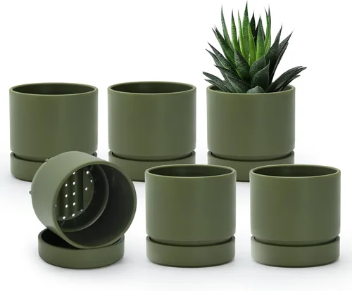 Vista 10 de Phoenix Vine 4 Inch Planter Pot with Drainage Hole & Saucer, Deep Water Catch Tray, Straight Cylindrical Round Pot for Plants, Olive, Pack of 1