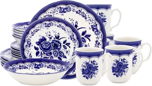 Vista 16 de Tudor Royal - Juego de vajilla redonda de porcelana de 12 piezas, servicio para 4, diseño botánico, flores de verano, platos, cuencos, brillante