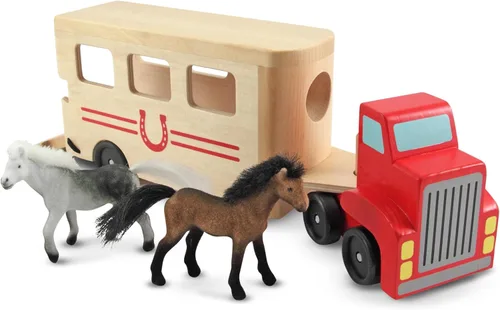 Vista 4 de Melissa & Doug - Juego de vehículos de madera para caballos con 2 caballos con vellón y rampa desplegable