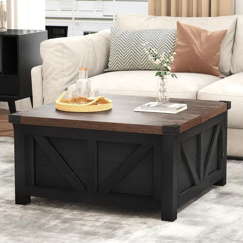Vista 7 de jimeimen - Mesa de centro elevable de estilo granja con almacenamiento, mesa central cuadrada de madera con estación de carga y puerto USB, mesa