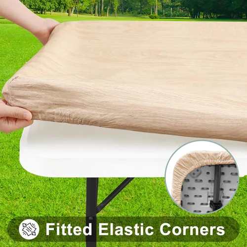 Vista 2 de Smiry Mantel cuadrado para mesa de pícnic, impermeable, elástico, ajustable, para campamento, protector de vinilo con parte trasera de franela Beige