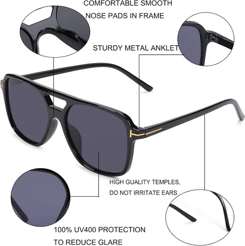Vista 4 de Hycredi Gafas de sol estilo aviador vintage para mujeres y hombres, marco cuadrado grande de los años 70, protección UV400