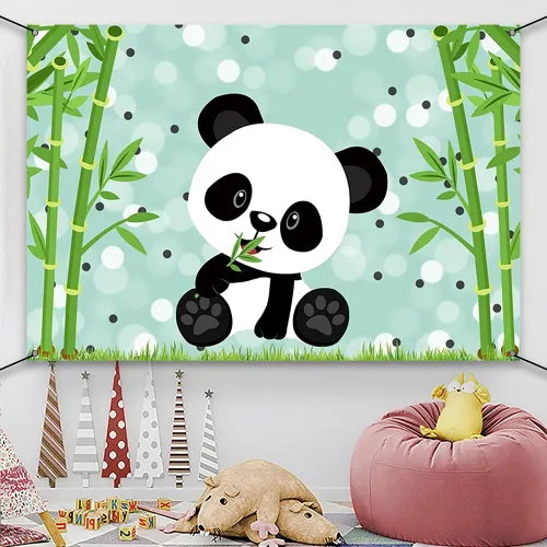 Vista 4 de AWERT Cartel de poliéster de 6 x 3.6 pies con lindo panda de dibujos animados para niños, decoración de fiesta de cumpleaños, suministros de fiesta