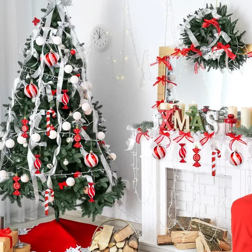 Vista 4 de Aoriher 24 piezas de adornos de bastón de caramelo de Navidad, rojo y blanco, de plástico, bastón de caramelo de menta, decoraciones de Navidad