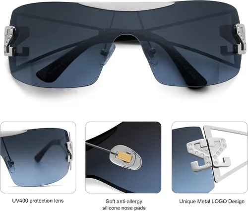 Vista 4 de SOJOS Gafas de sol Y2K sin montura envolventes para mujeres y hombres, gafas de sol futuristas sin marco SJ1198