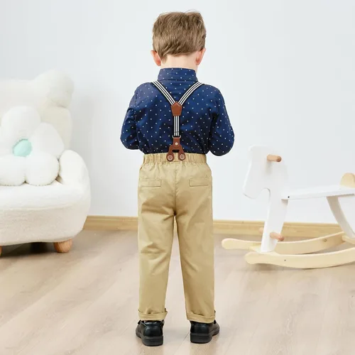 Vista 4 de nilikastta Trajes de ropa para niños, camisa de vestir con corbatín + pantalones con tirantes para niños grandes, trajes de boda para caballeros