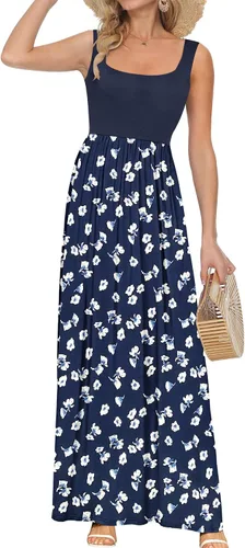 Vista 22 de AUSELILY Vestido largo con cuello cuadrado para mujer, sin mangas, floral, holgado, con bolsillos