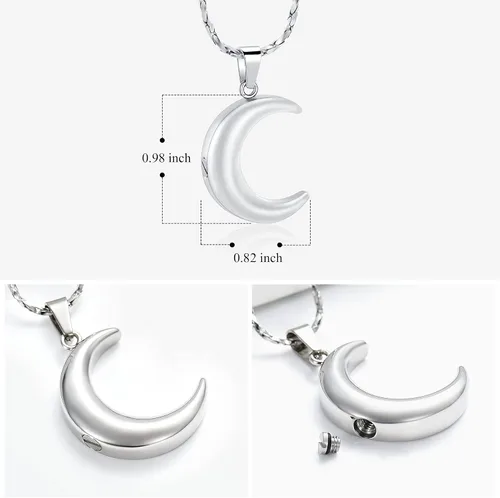 Vista 3 de Imrsanl Joyería de cremación para cenizas, collar de urna de luna, medallón conmemorativo de acero inoxidable, joyería de recuerdo para cenizas
