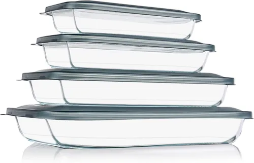 Vista 8 de KOMUEE Juego de 8 platos de vidrio para hornear con tapas rectangulares de vidrio con tapas sin BPA, moldes para hornear para lasaña, sobras
