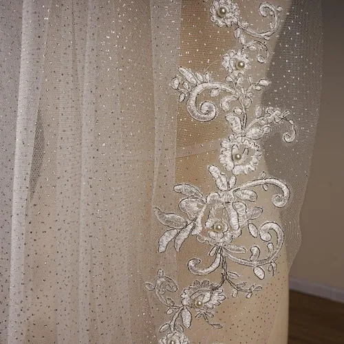 Vista 5 de EllieWely 2 T - Velo de novia de tul con purpurina y encaje de perlas para boda