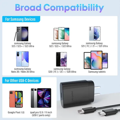 Vista 7 de 2 paquetes de cargador rápido tipo C, bloque de carga rápida de cargador tipo C con cable USB C de 4 pies compatible con S24U/S23/S22/S21/S20/iPhone