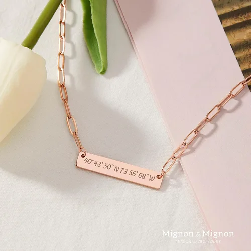 Vista 4 de MignonandMignon Custom Coordinate Necklace for Her Paper Clip Chain Personalized Gift Engraved Name Best Friend Birthday Nameplate Pendant -P-4N