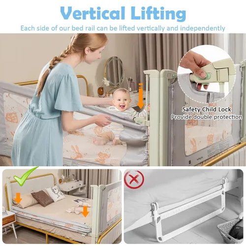 Vista 2 de BABY JOY Riel de cama para niños pequeños, rieles laterales de seguridad extra largos de elevación vertical de 59 pulgadas con doble bloqueo, Gris