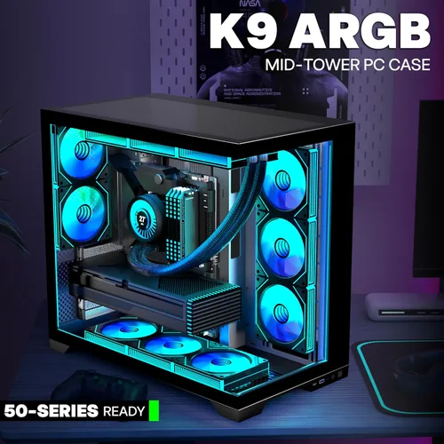 Vista 3 de PC CASE 9 PWM ARGB Ventiladores preinstalados, funda de PC para juegos de media torre, carcasa panorámica de vidrio templado para computadora