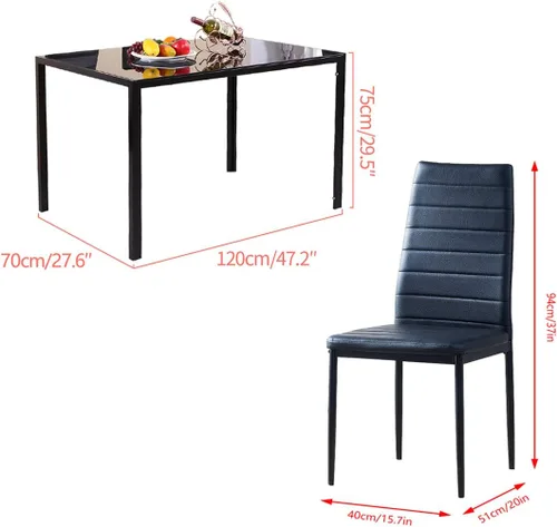 Vista 7 de Juego de 5 sillas de mesa de comedor, mesa de comedor rectangular de cristal negro y 4 sillas de comedor de piel sintética negra, juego de comedor