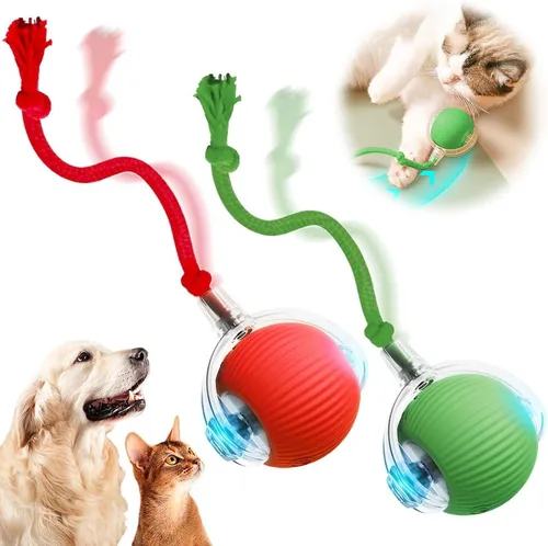 Vista 12 de Juguetes inteligentes para gatos de interior para adultos - Bolas rodantes interactivas con cordón imitación de ratón (Rojo)