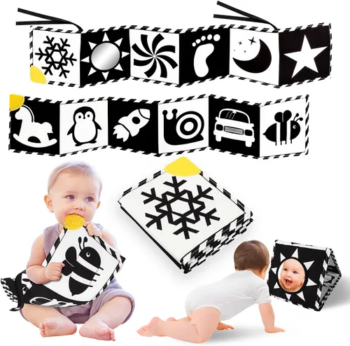 Vista 9 de Baobrava 3 piezas de juguetes para bebés en blanco y negro de alto contraste para recién nacidos, juguete sensorial Montessori para tiempo