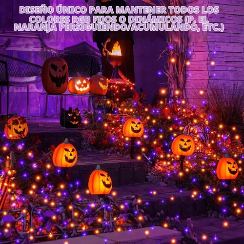 Vista 2 de Luces de cuerda de Halloween de 100 LED, 33 pies, luces titilantes naranjas y moradas con 8 modos, impermeables para decoración de fiesta