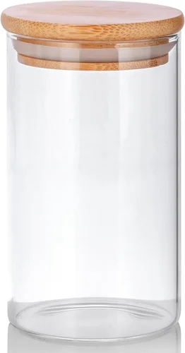 Vista 7 de JUVITUS Paquete de 6 tarros altos de vidrio transparente de 10 onzas con tapa sellada de silicona de bambú y madera