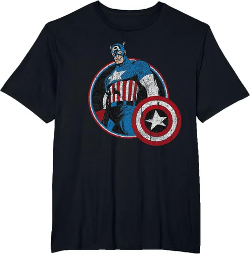 Vista 39 de Marvel Avengers Vintage Capitán América Comic Hero Retrato Camiseta Pequeña Negro