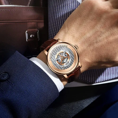 Vista 6 de GLENAW Automatic Watches for Men, Waterproof Watches for Men Dial Leather Band Skeleton Mechanical Watch 3 Transparent Hour Hand Wave