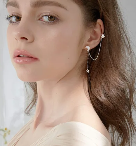 Vista 2 de SLUYNZ - Aretes de plata esterlina 925 para mujer, asimétricos, aretes de estrella y luna, cadena con dije