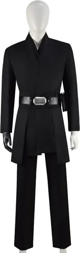 Vista 4 de Xuminvty Disfraz de Luke Skywalker Jedi negro para adultos, disfraz de Mandalorian Cosplay Luke chaqueta, cinturón, guante, pantalones, traje