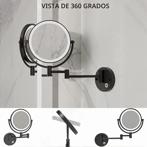 Vista 6 de Espejo de maquillaje LED con luces y aumento de 10x, espejo de tocador montado en la pared, redondo, de doble cara, con brazo extensible giratorio