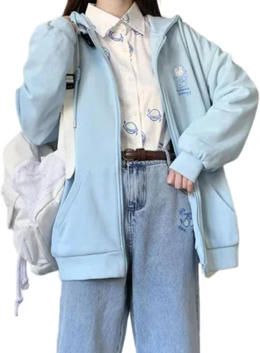 Vista 4 de Sudadera con capucha japonesa Harajuku Y2K Kawaii con cremallera para niñas, Azul