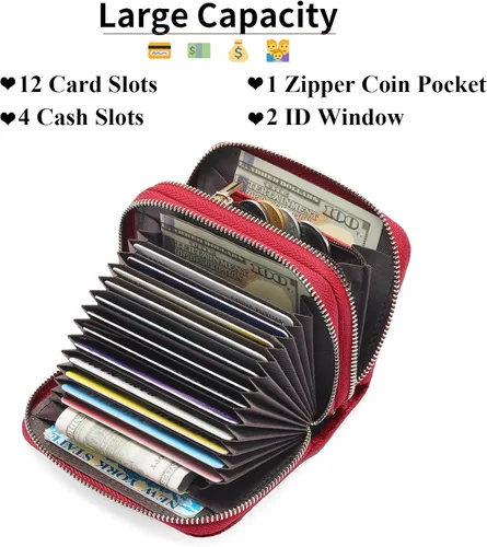 Vista 2 de GOIACII Cartera con tarjetero RFID para mujer, pequeña cartera de piel auténtica con 2 cremalleras