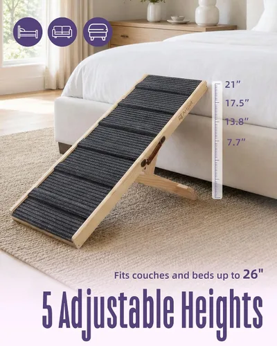 Vista 4 de Dog Ramp for Bed, Adjustable Pine Wood Ramp for Small & Medium Dogs