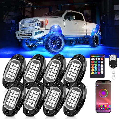 Vista 13 de Luces RGB para Rocas, 8 pods Kits de Luces Underglow de Neón, Control Remoto APP/RF y Modo Musical, Lámparas Inalámbricas Impermeables Multicolor