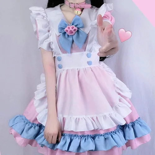 Vista 7 de Lindo uniforme de sirvienta para mujer, con cuello cuadrado, manga abullonada, con cordones, cintura y encaje, disfraz de Halloween