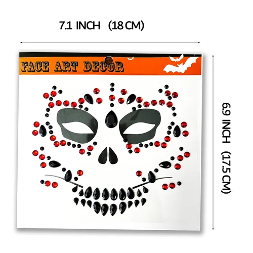 Vista 3 de Paquete de 4 gemas faciales del Día de la Muerte, tatuajes faciales temporales de Halloween, calcomanías de diamantes de imitación para la cara