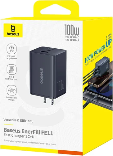 Vista 7 de Baseus Bloque de cargador USB C de 100W, cargador de pared compacto plegable PPS de 3 puertos, adaptador de corriente de carga rápida para MacBook