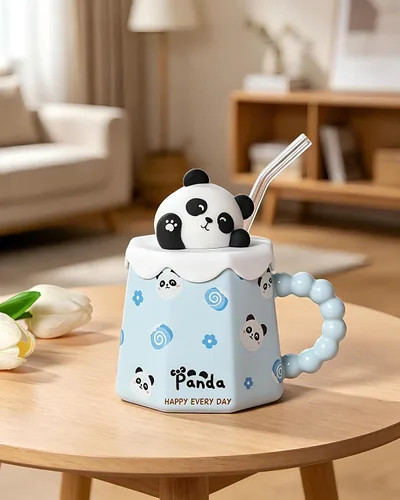 Vista 3 de Taza GawmFoiuy Mark con pajita, taza de cerámica con estampado de animales, 414 ml, tazas de café y té kawaii, tazas de animales divertidas, taza
