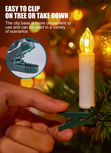 Vista 4 de Luces de cadena de velas para árbol de Navidad enchufables, 50 luces LED de velas sin llama con clips, luces parpadeantes de velas de 48 pies