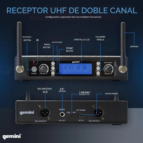 Vista 5 de Gemini Auriculares duales UHF y sistema de micrófono inalámbrico Lavalier (UHF-6200HL) Dual UHF headset & lavalier mics, 512-537.5 MHz - auto SYNC