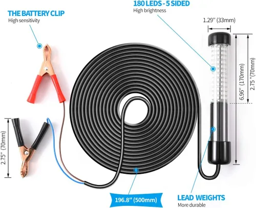 Vista 3 de SAMDO IP68 Lámpara LED submarina de 12V para pesca, luz de 1080 lúmenes que atrae peces, luz para pesca nocturna de 10.8W