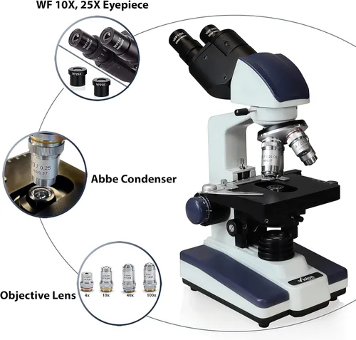 Vista 3 de Microscopio compuesto binocular Siedentopf VS-60B-RC, aumento 40X-2500X, oculares de campo ancho 10X y 25X, etapa mecánica de doble capa