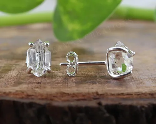 Vista 2 de Pendientes de diamante Herkimer crudo Aretes de diamante Herkimer de 4 puntas Joyas hechas a mano Plata de ley 925