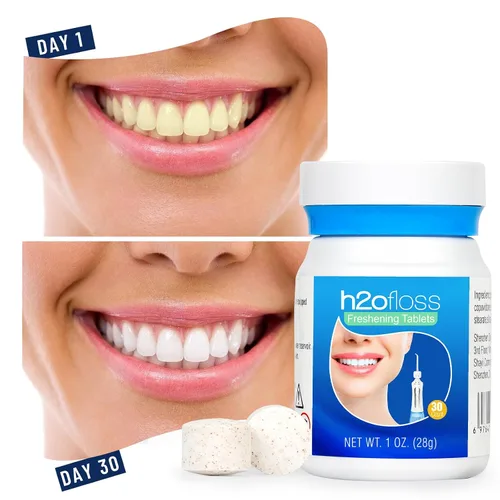 Vista 6 de H2ofloss Irrigador dental portátil con 30 tabletas de repuesto para irrigador oral, portátil y recargable, blanqueamiento dental suave, IPX7
