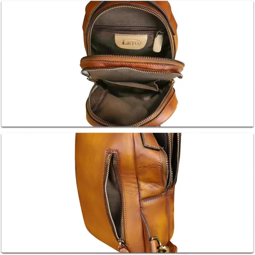 Vista 7 de LRTO Bolso de cuero genuino para hombres y mujeres, mochila bandolera de cuero real para el pecho, bolso cruzado, Marrón, Mochilas Sling