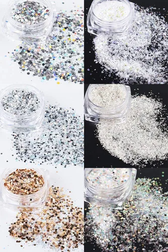 Vista 7 de Kits de arte de uñas holográficas, 6 cajas 3D con purpurina metálica brillante en copos acrílicos en polvo y lentejuelas para decoración holográfica
