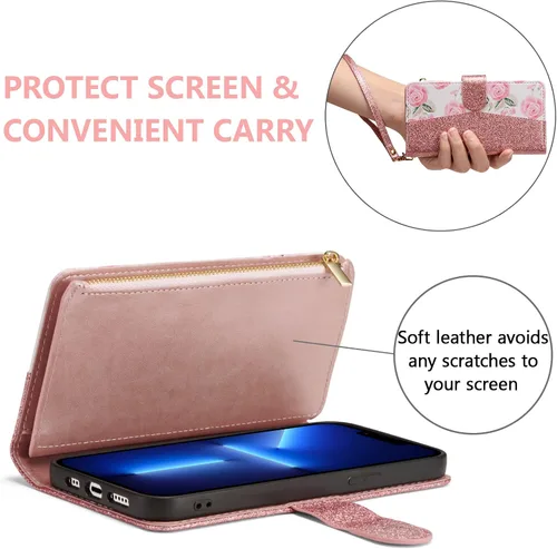 Vista 4 de UEEBAI Funda tipo cartera para iPhone 13 Pro Max, funda de piel sintética con cierre magnético, bolsillo con cremallera, ranuras para tarjetas