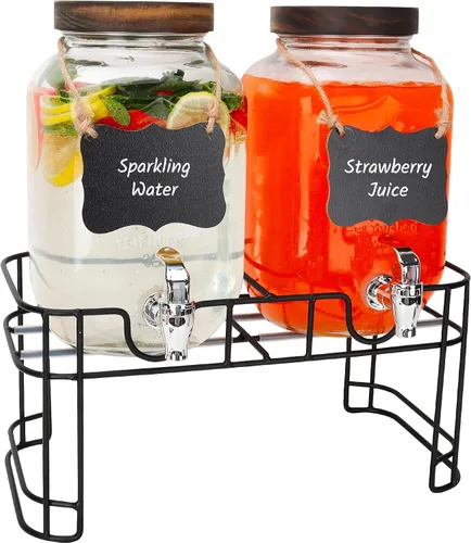 Vista 7 de Dispensadores de bebidas de vidrio para fiestas, paquete de 2 dispensadores de bebidas de 1 galón con tapas, soporte de metal dorado y espita 100% a