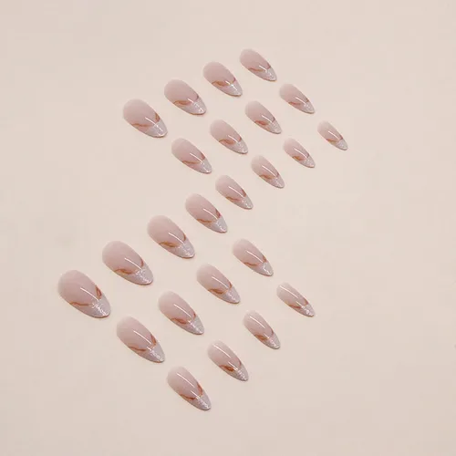 Vista 3 de Uñas postizas a presión con punta de almendra mediana, uñas postizas artificiales con diseño de líneas doradas, cobertura completa, reutilizables