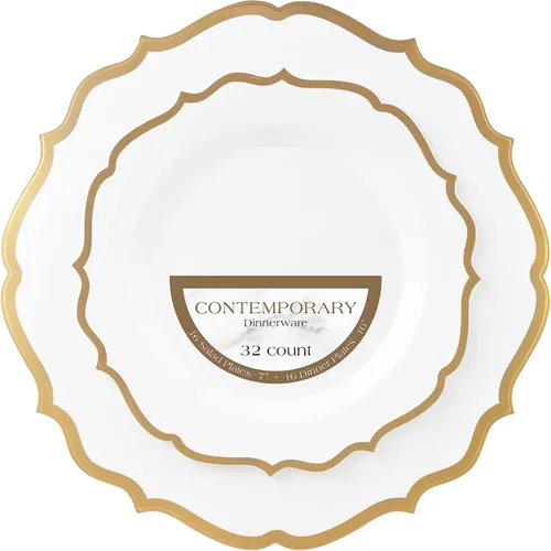 Vista 15 de PLASTICPRO Juego de 32 elegantes platos desechables de plástico que incluye 16 platos llanos y 16 platos de ensalada, platos de fiesta resistentes