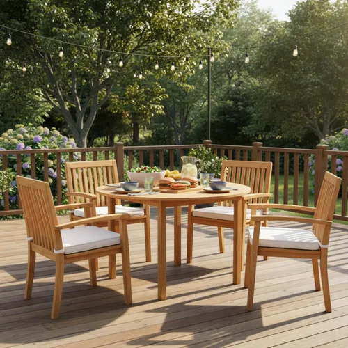 Vista 2 de Tangkula Mesa de comedor redonda para exterior, Mesa de madera de acacia para 4 personas de gran tamaño, Mesa de patio estilo granja para bistró